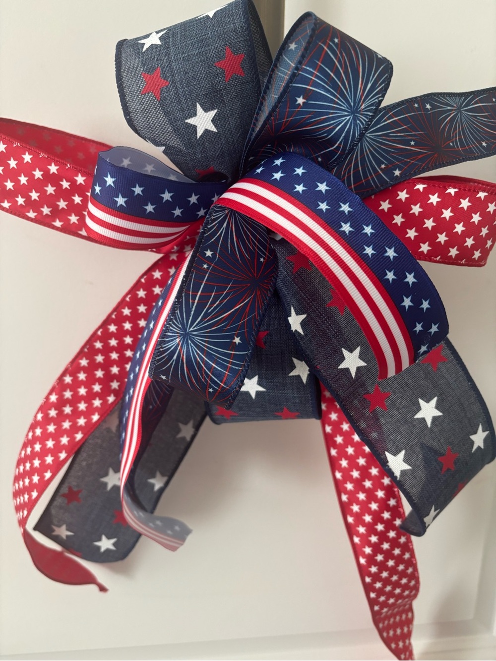Patriotic Star & Firework Ribbon Bow - Red, White & Blue Holiday Decor